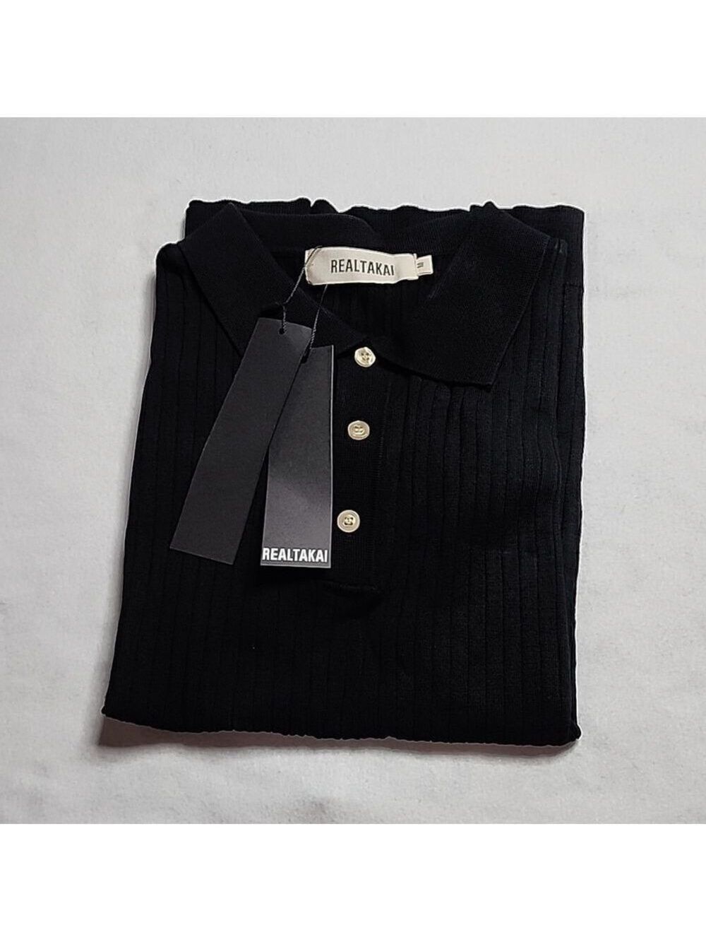 1830 Nwt Black Vertical Knitted Short Sleeve Collar Shirt Size Medium — image 3 of 6